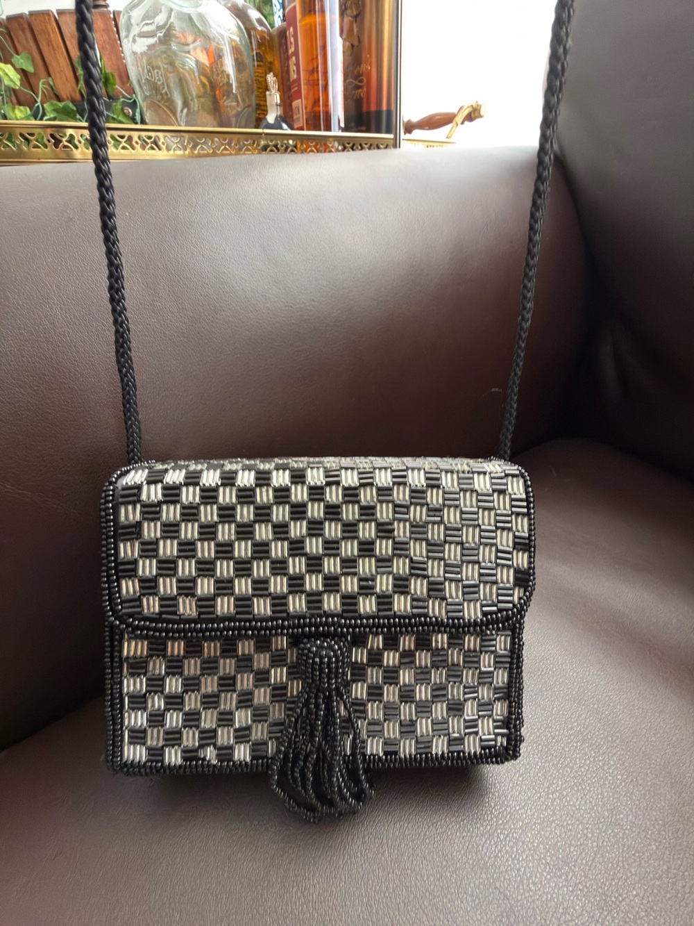 Vintage Magid Beaded Crossbody Bag Black Gold Checkerboard Tassel Evening Clutch